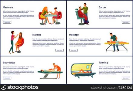 Manicure and manicurist working with client. Tanning and massage masseur, body wrap and hair styling haircut change. Barber for men posters set vector. Manicure and Manicurist Tanning Posters Set Vector