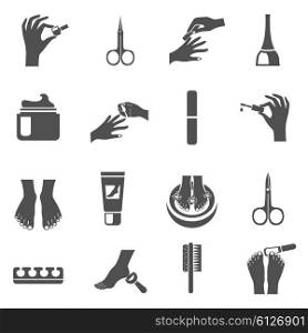 Manicure And Pedicure Black Icons Set . Manicure and pedicure black icons set with water foot massage machine and nail polish abstract isolated vector illustration
