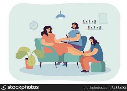 Manicure and pedicure for female client in spa salon. Nail technician making hygiene procedures for lady sitting at table of parlor interior flat vector illustration. Beauty treatment service concept. Manicure and pedicure for female client in spa salon