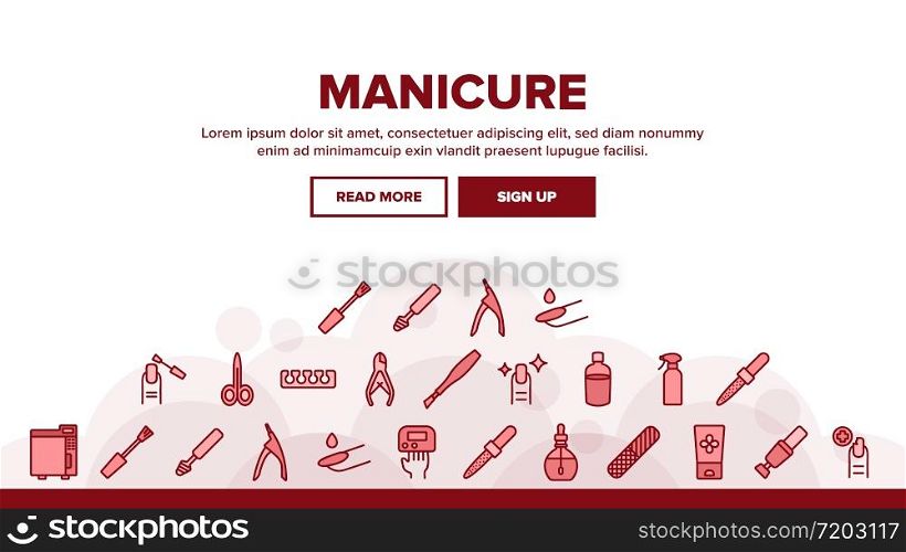 Manicure And Pedicure Landing Web Page Header Banner Template Vector. Manicure Tool, Nail Polish And Scissors, Cream And Tweezers, Rasp And Cuticle Nipper Illustrations. Manicure And Pedicure Landing Header Vector