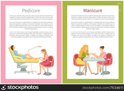 Manicure and pedicure procedures in spa beauty salon. Beautiful nails and toes of woman client, isolated set vector. Manicurist and pedicurist working. Manicure and Pedicure Procedures Spa Beauty Salon