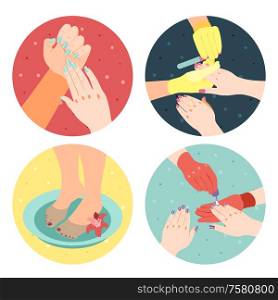 Manicure and pedicure process isometric 4x1 icons set with hands feet and painted nails 3d isolated vector illustration