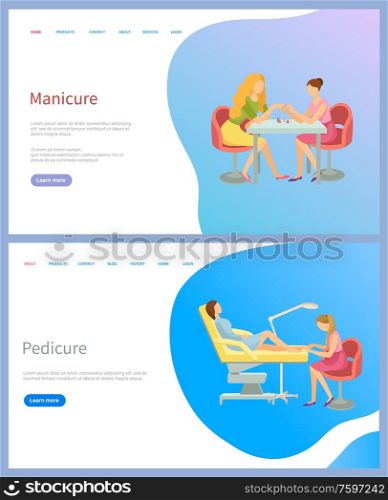 Manicure and pedicure spa procedures, master making fashion nails for client. Woman sitting at table at salon, fingers and toes treatment, web page vector. Manicure and Pedicure Spa Procedures, Salon Vector