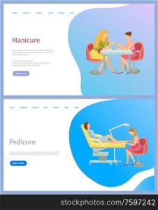 Manicure and pedicure spa procedures, master making fashion nails for client. Woman sitting at table at salon, fingers and toes treatment, web page vector. Manicure and Pedicure Spa Procedures, Salon Vector