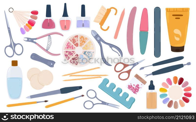 Manicure and pedicure tools or accessories, nail salon supplies. Hand cream, polish samples, files, scissors, nails care elements vector set. Equipment for hand and foot care and treatment. Manicure and pedicure tools or accessories, nail salon supplies. Hand cream, polish samples, files, scissors, nails care elements vector set
