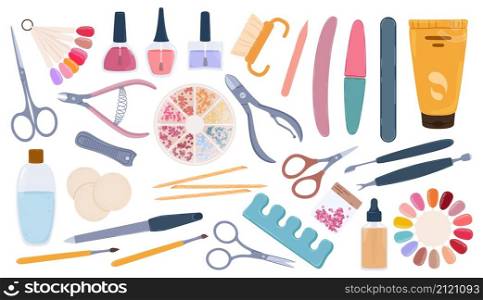 Manicure and pedicure tools or accessories, nail salon supplies. Hand cream, polish samples, files, scissors, nails care elements vector set. Equipment for hand and foot care and treatment. Manicure and pedicure tools or accessories, nail salon supplies. Hand cream, polish samples, files, scissors, nails care elements vector set