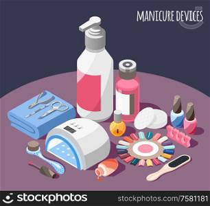 Manicure devices isometric background with nail polish palette kit lamp cotton pads remover 3d vector illustration