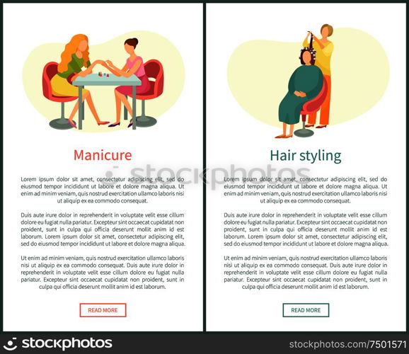 Manicure hand treatment and hair styling, nails polishing in spa salon vector web posters. Manicurist and hairdresser, client in chair, beautician. Hair Styling and Manicure Treatment Nail Polishing