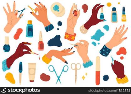 Manicure hands. Cartoon nail bar accessories and equipment, bright polishes and scissors, nail files and cream, female hand with manicure tools collection, beauty salon. Vector trendy isolated set. Manicure hands. Cartoon nail bar accessories and equipment, bright polishes and scissors, nail files and cream, female hand with manicure tools collection, beauty salon. Vector set