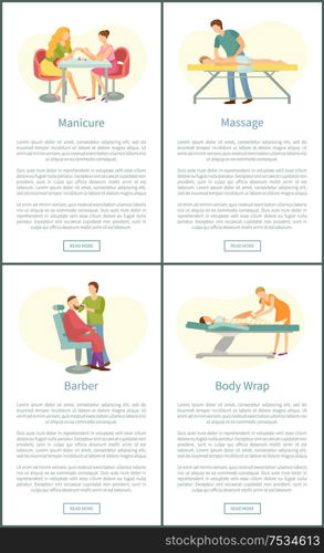 Manicure manicurist and massage masseur man with client. Healing and relaxing procedures. Barber and body wrap of les, posters with text sample vector. Manicure Manicurist and Massage Masseur Vector