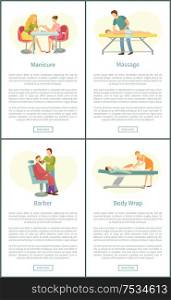 Manicure manicurist and massage masseur man with client. Healing and relaxing procedures. Barber and body wrap of les, posters with text sample vector. Manicure Manicurist and Massage Masseur Vector