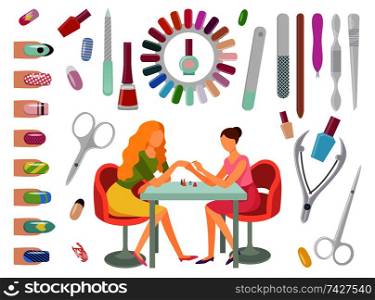 Manicure manicurist and tools nails polishing process. Set of isolated icons, file and scissors, lotions and separator toenails, essential oils vector. Manicure Manicurist and Tools Nails Set Vector