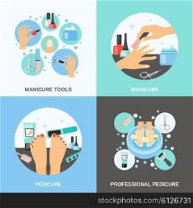 Manicure Pedicure 4 Flat Icons Square. Professional manicure and pedicure procedure tools and accessories 4 flat icons square banner abstract isolated vector illustration