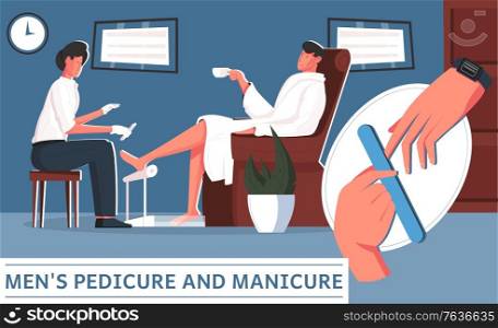 Manicure pedicure man flat composition with cosmetic salon scenery and doodle characters male client with text vector illustration