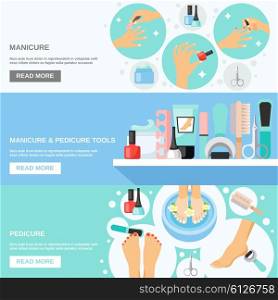 Manicure Pedicure Tools 3 Flat Banners. Manicure pedicure nails file callus removing tools kit and information 3 flat banners webpage design vector illustration