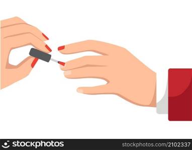 Manicure poster. Template cosmetic products, body care web design. Elegant woman hands painting nails. Beauty female. Vector illustration flat style. Isolated on white background.. Female hand painting nails or applying nail polish, vector illustration