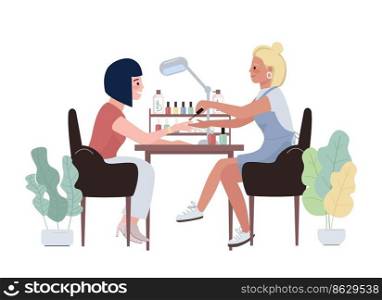 Manicure procedure 2D vector isolated illustration. Beauty salon flat characters on cartoon background. Hands treatment service colourful editable scene for mobile, website, presentation. Manicure procedure 2D vector isolated illustration
