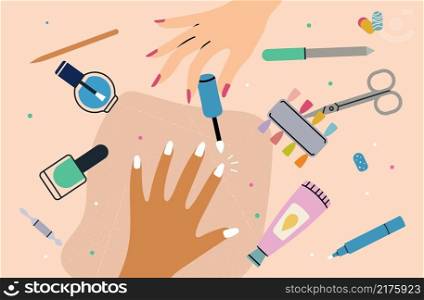 Manicure process. Female hand top view, nails swatches and professional tools. Beauty salon, cosmetics and woman hobby vector illustration. Woman professional cosmetic, manicure process. Manicure process. Female hand top view, nails swatches and professional tools. Beauty salon, cosmetics and woman hobby vector illustration