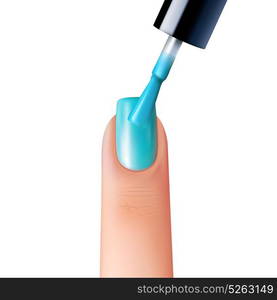 Manicure Realistic Illustration. Process of manicure nail polishing in trendy blue color realistic vector illustration