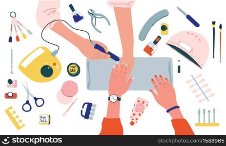 Manicure salon. Cartoon women hands with beauty cosmetics and tools at service table. Top view of nail master work process, scene of fingernail care procedure. Vector gel polish equipment illustration. Manicure salon. Top view of nail master work process. Women hands with cosmetics and tools at service table, scene of fingernail care procedure. Vector gel polish equipment illustration