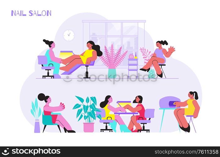 Manicure salon flat composition with text and indoor scenery with furniture and characters of sitting women vector illustration