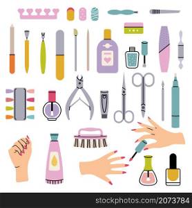 Manicure salon items. Polish nails pedicure tools in beauty salon for women haircut tweezers vector collection. Illustration pedicure care, fingernail tool equipment, clipper and tweezers. Manicure salon items. Polish nails pedicure tools in beauty salon for women haircut tweezers vector collection