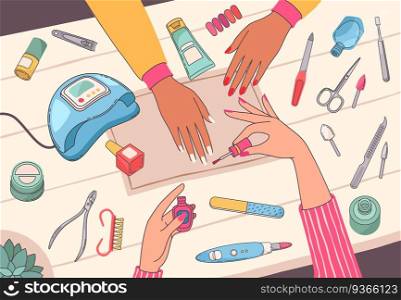 Manicure salon. Manicurist painting customers nails on table with nail tools and cosmetics. Female hands care beauty service vector concept with ultraviolet l&, file, polish and scissors. Manicure salon. Manicurist painting customers nails on table with nail tools and cosmetics. Female hands care beauty service vector concept