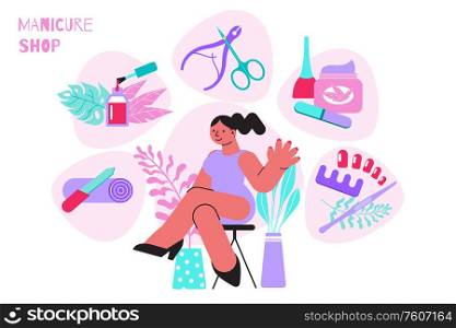 Manicure shop concept with equipment and accessories symbols flat vector illustration