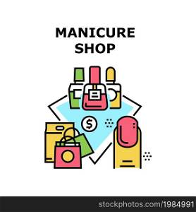 Manicure Shop Vector Icon Concept. Manicure Shop Selling Nail Polish Varnish And Cosmetology Accessories For Treatment Fingernail Beauty. Supermarket Cosmetic Seasonal Sale Discount Color Illustration. Manicure Shop Vector Concept Color Illustration