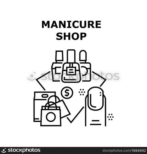 Manicure Shop Vector Icon Concept. Manicure Shop Selling Nail Polish Varnish And Cosmetology Accessories For Treatment Fingernail Beauty. Supermarket Cosmetic Seasonal Sale Discount Black Illustration. Manicure Shop Vector Concept Black Illustration