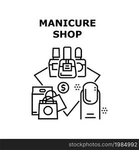 Manicure Shop Vector Icon Concept. Manicure Shop Selling Nail Polish Varnish And Cosmetology Accessories For Treatment Fingernail Beauty. Supermarket Cosmetic Seasonal Sale Discount Black Illustration. Manicure Shop Vector Concept Black Illustration