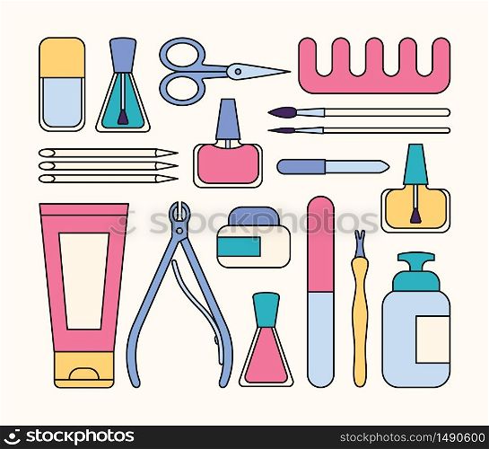 Manicure tools and accessories. A set of elements on the topic of nail manicure. Vector illustration in flat minimal style. Manicure tools and accessories. A set of elements on the topic of nail manicure. Vector