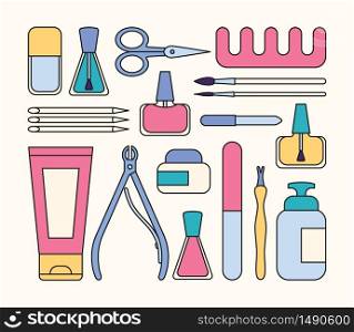 Manicure tools and accessories. A set of elements on the topic of nail manicure. Vector illustration in flat minimal style. Manicure tools and accessories. A set of elements on the topic of nail manicure. Vector