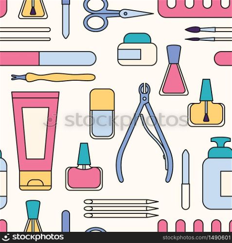 Manicure tools and accessories. A set of elements on the topic of nail manicure. Seamless pattern. Vector illustration in flat minimal style. Manicure tools and accessories. A set of elements on the topic of nail manicure. Seamless pattern. Vector