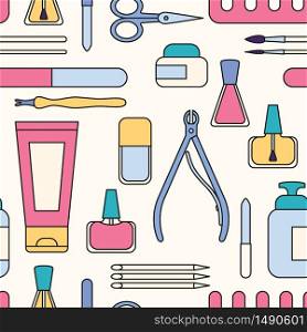 Manicure tools and accessories. A set of elements on the topic of nail manicure. Seamless pattern. Vector illustration in flat minimal style. Manicure tools and accessories. A set of elements on the topic of nail manicure. Seamless pattern. Vector