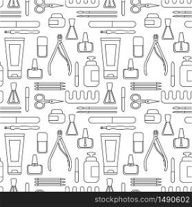 Manicure tools and accessories. A set of elements on the topic of nail manicure. Seamless pattern. Vector illustration in line minimal style. Black and white. Manicure tools and accessories. A set of elements on the topic of nail manicure. Seamless pattern. Vector