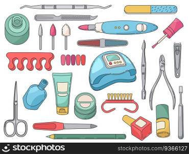 Manicure tools. Salon accessories and equipment for nails care. Polish bottle and brush, hand cream, file, scissors and clippers vector set. Ultraviolet lamp and lotion isolated on white. Manicure tools. Salon accessories and equipment for nails care. Polish bottle and brush, hand cream, file, scissors and clippers vector set