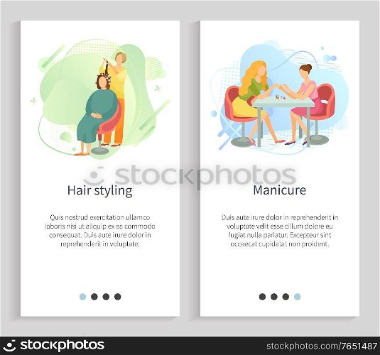 Manicure vector, hair styling process making new haircut woman at beauty salon with expert, client on chair, lady manicurist polishing nails. Website or slider app, landing page flat style. Hair Styling and Manicure, Manicurist Stylist