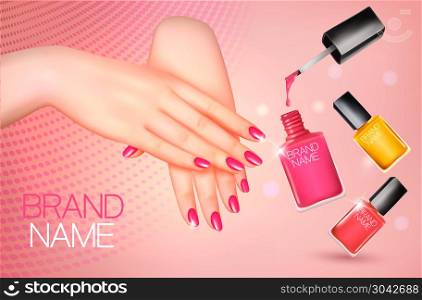 Manicured female hands and several nail laquer bottles. Vector i. Manicured female hands and several nail laquer bottles. Vector illustration. Manicured female hands and several nail laquer bottles. Vector illustration