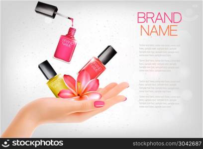 Manicured hands and several nail laquer bottles. Vector illustra. Manicured hands and several nail laquer bottles. Vector illustration. Manicured hands and several nail laquer bottles. Vector illustration