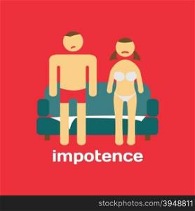 Manifestation of impotence, unhappy woman. Vector illustration. Impotence problems concept. Couple in the bedroom disappointing. Undressed man and woman. Married couple icon