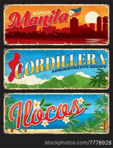Manila, Cordillera and Ilocos, provinces of Philippines, vector travel plates and stickers. Philippines regions tin signs with landmarks, flags, maps and slogans for luggage tags. Manila, Cordillera, Ilocos travel plates