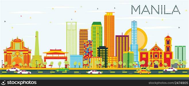 Manila Skyline with Color Buildings and Blue Sky. Vector Illustration. Business Travel and Tourism Concept with Modern Architecture. Image for Presentation Banner Placard and Web Site.