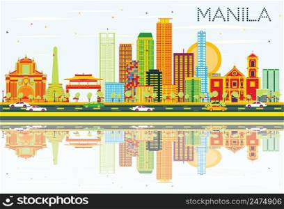 Manila Skyline with Color Buildings, Blue Sky and Reflections. Vector Illustration. Business Travel and Tourism Concept with Modern Architecture. Image for Presentation Banner Placard and Web Site.
