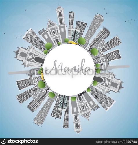 Manila Skyline with Gray Buildings and Blue Sky. Vector Illustration. Business Travel and Tourism Concept with Copy Space. Image for Presentation Banner Placard and Web Site.