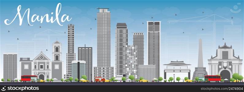 Manila Skyline with Gray Buildings and Blue Sky. Vector Illustration. Business Travel and Tourism Concept with Modern Buildings. Image for Presentation Banner Placard and Web Site.