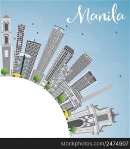 Manila Skyline with Gray Buildings and Blue Sky. Vector Illustration. Business Travel and Tourism Concept with Copy Space. Image for Presentation Banner Placard and Web Site.