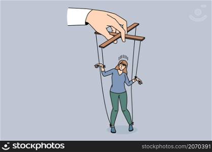 Manipulation and influence playing concept. Human hands golding young woman as marionette making her play role with strings vector illustration . Manipulation and influence playing concept