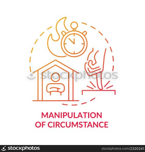 Manipulation of circumstance red gradient concept icon. Psychological manipulation sign abstract idea thin line illustration. Strict control. Isolated outline drawing. Myriad Pro-Bold font used. Manipulation of circumstance red gradient concept icon