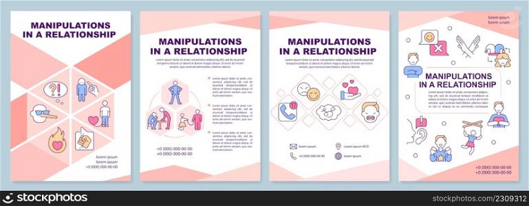 Manipulations in relationships pink brochure template. Feeling confused. Leaflet design with linear icons. 4 vector layouts for presentation, annual reports. Arial-Black, Myriad Pro-Regular fonts used. Manipulations in relationships pink brochure template